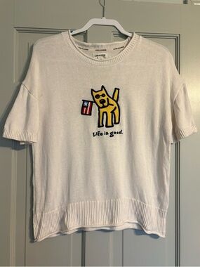 Life Is Good Large Patriotic White Knit Crewneck Short Sleeve Sweater with Logo